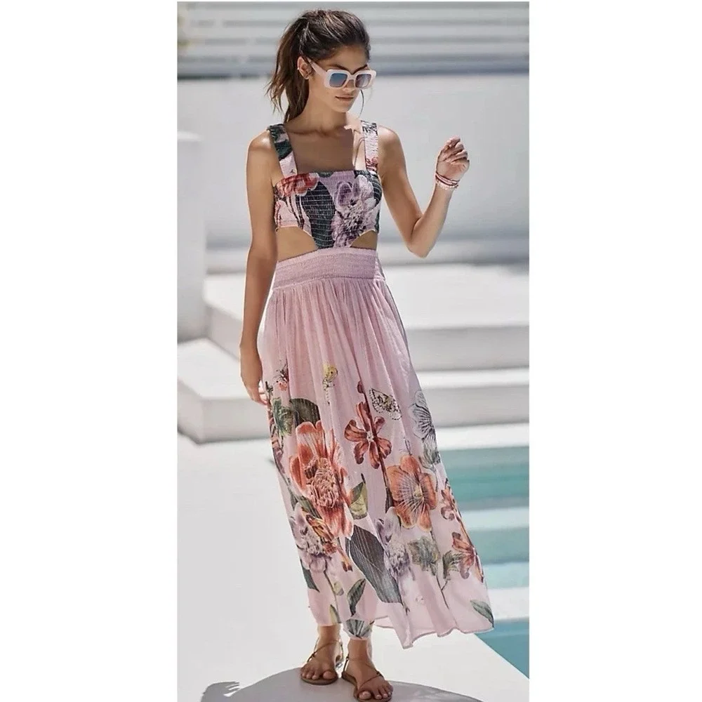 ANTHROPOLOGIE Piper Bandeau Cutout Maxi Dress in Pink Rose Motif‎ OB1570574 Larg
